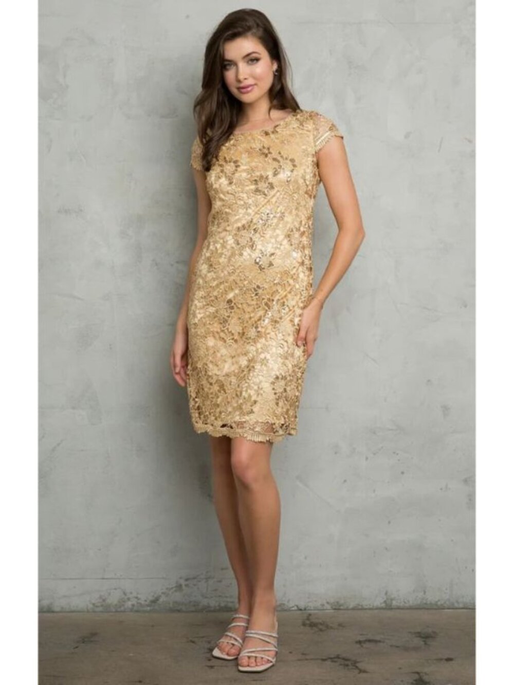 Clearance Champagne Size L Short Mother of the Bride Lace Dress By Eva USA 3473